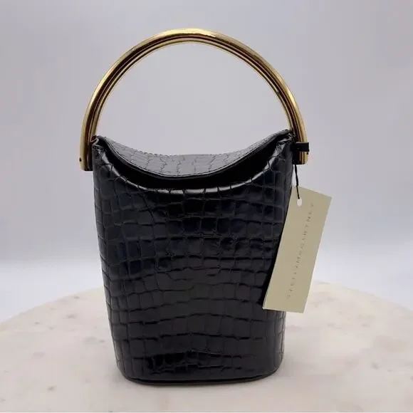New Stella McCartney Black Croc Embossed Bucket Bag Gold Handle W/ Dust Bag - Picture 1 of 16